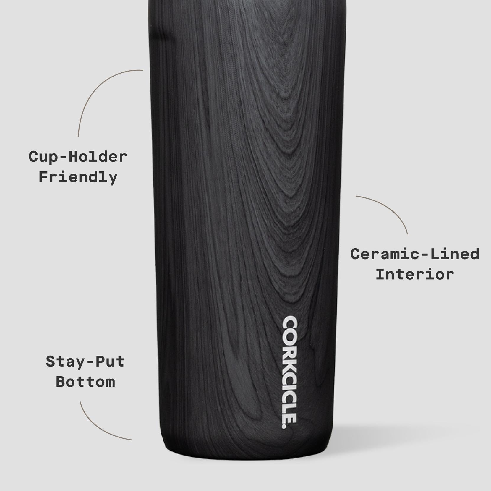 Corkcicle Commuter Cup, diseño slim y acabado brillante, cabe en bolsos y portavasos.