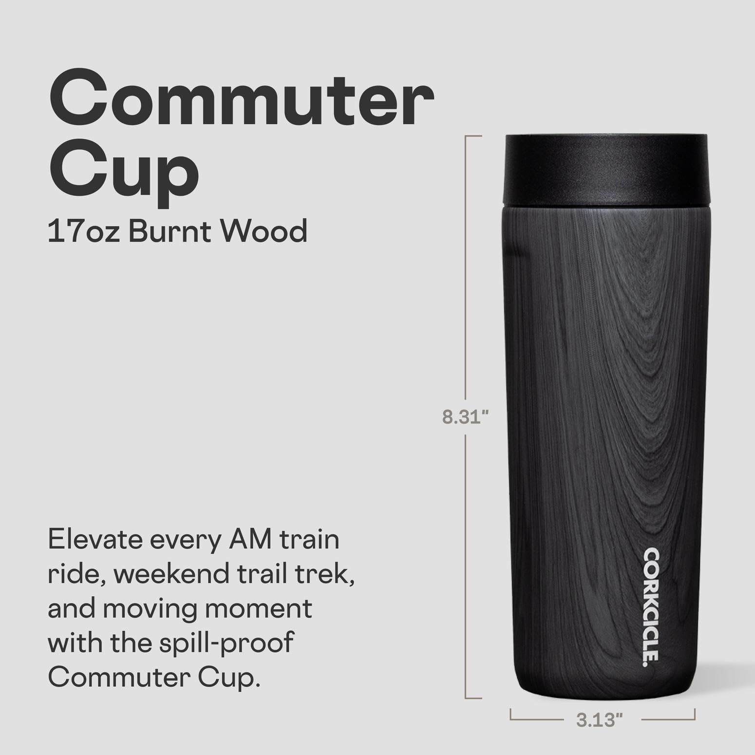 Corkcicle Commuter Cup con tapa 360°, sorbos sin derrames en movimiento.
