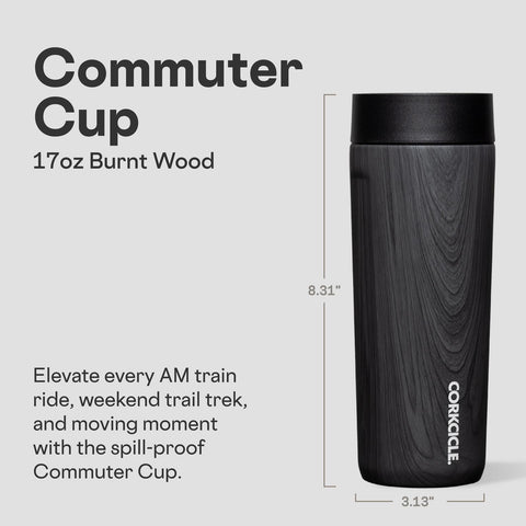 Corkcicle Commuter Cup con tapa 360°, sorbos sin derrames en movimiento.