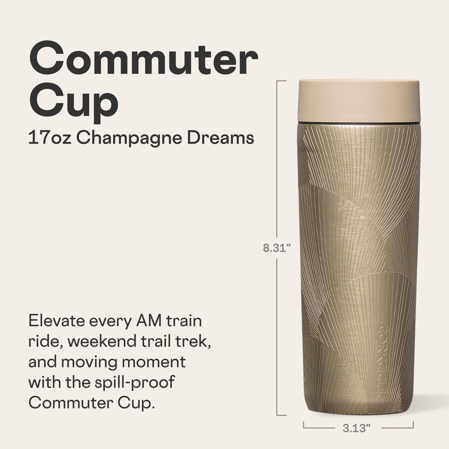 Tapa 360° de Corkcicle Commuter Cup, sorbe desde cualquier ángulo sin derrames.