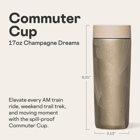 Tapa 360° de Corkcicle Commuter Cup, sorbe desde cualquier ángulo sin derrames.