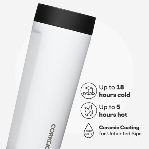 Corkcicle Commuter Cup, tapa 360°, sin derrames para uso durante la mañana.