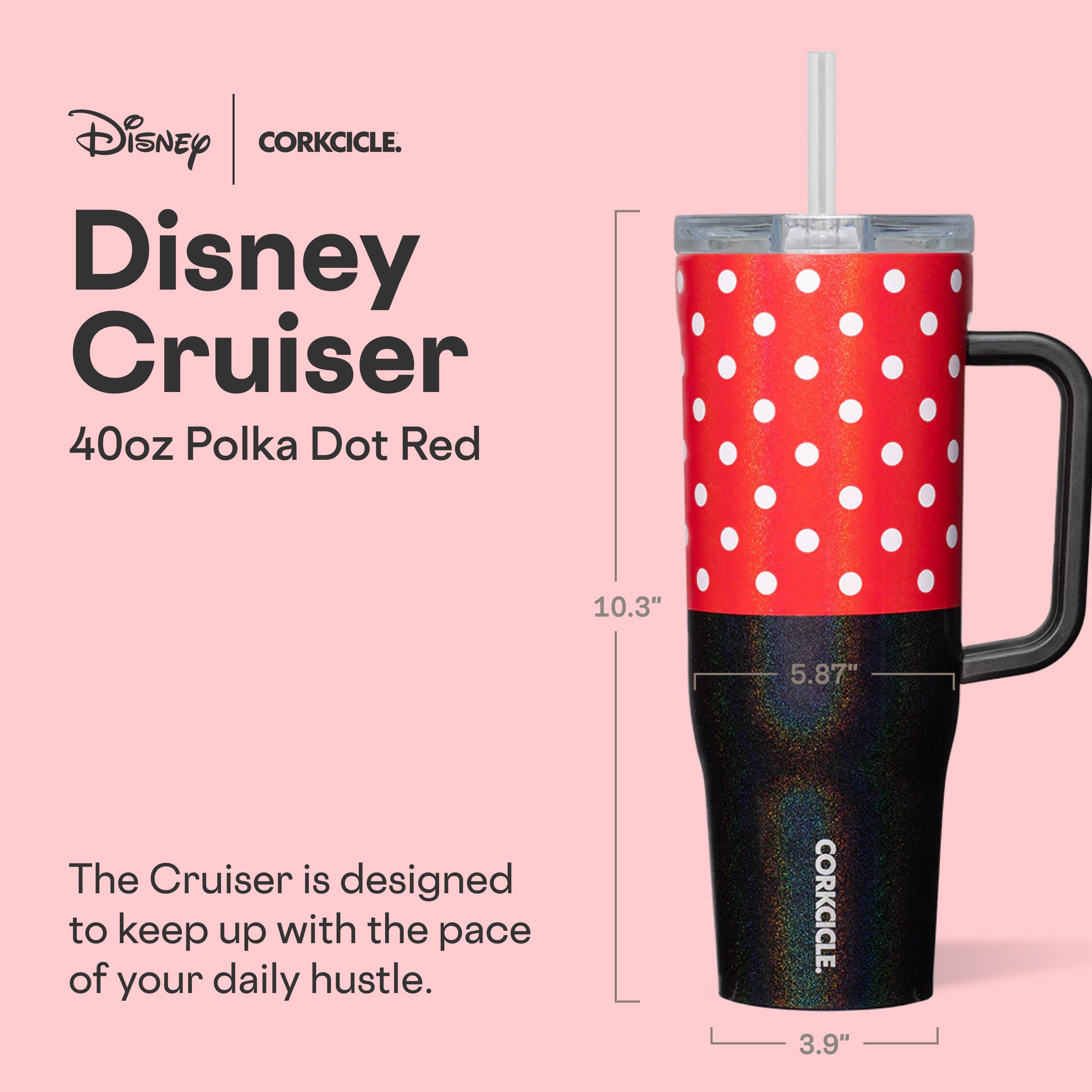 Corkcicle Cruiser 40 onzas Minnie Mouse, asa ergonómica para un agarre cómodo
