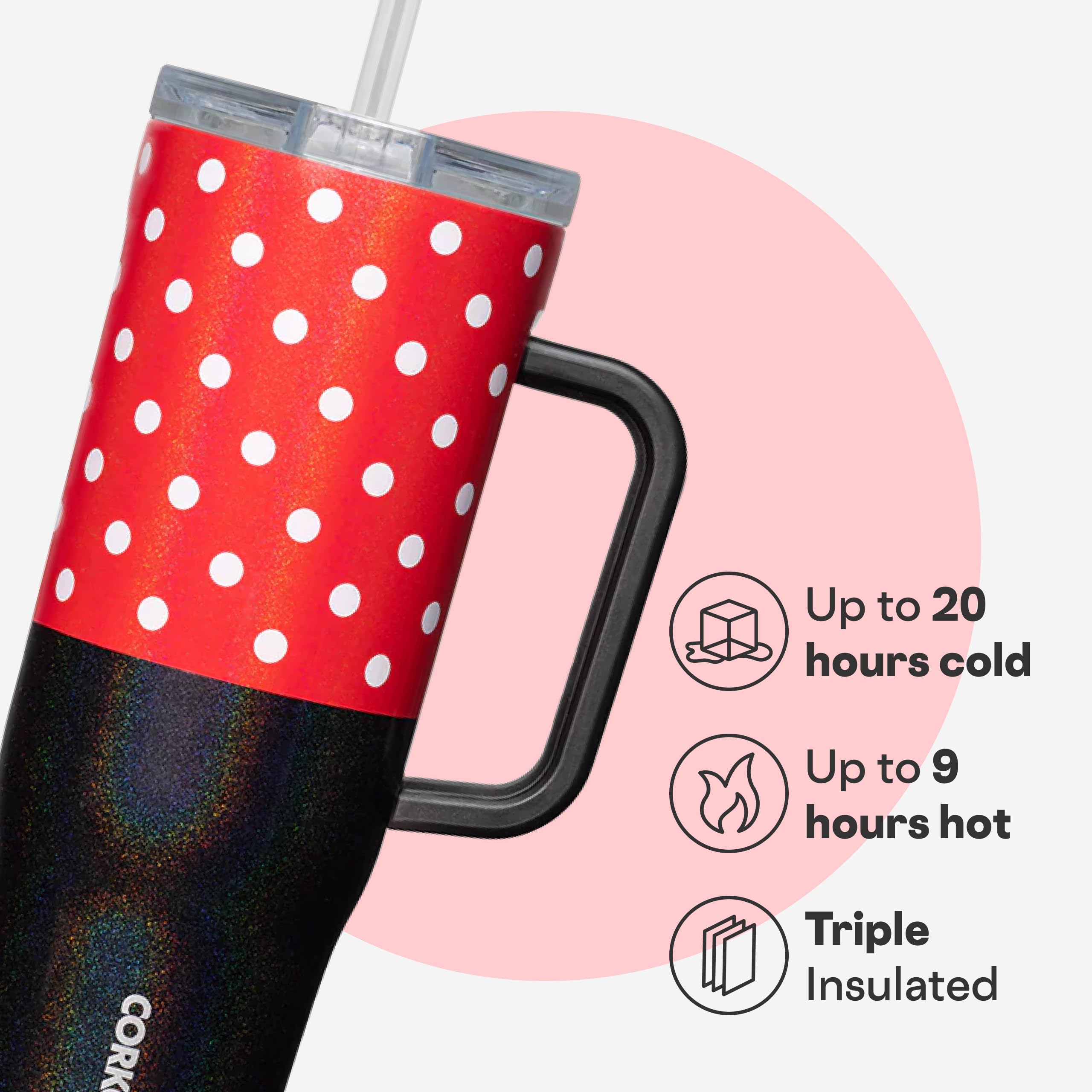 Corkcicle Cruiser 40 onzas Minnie Mouse, base antideslizante para mayor estabilidad