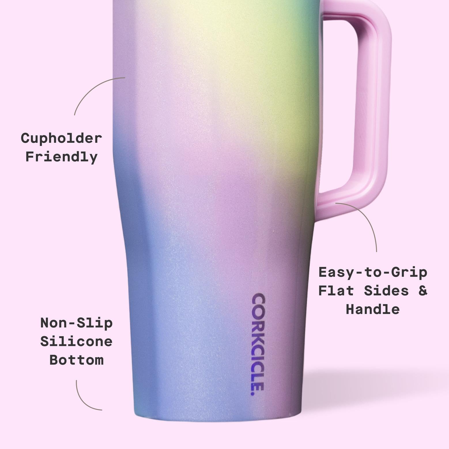 Corkcicle Cruiser: tapa a cierre por giro, seguridad anti-fugas en movimiento.