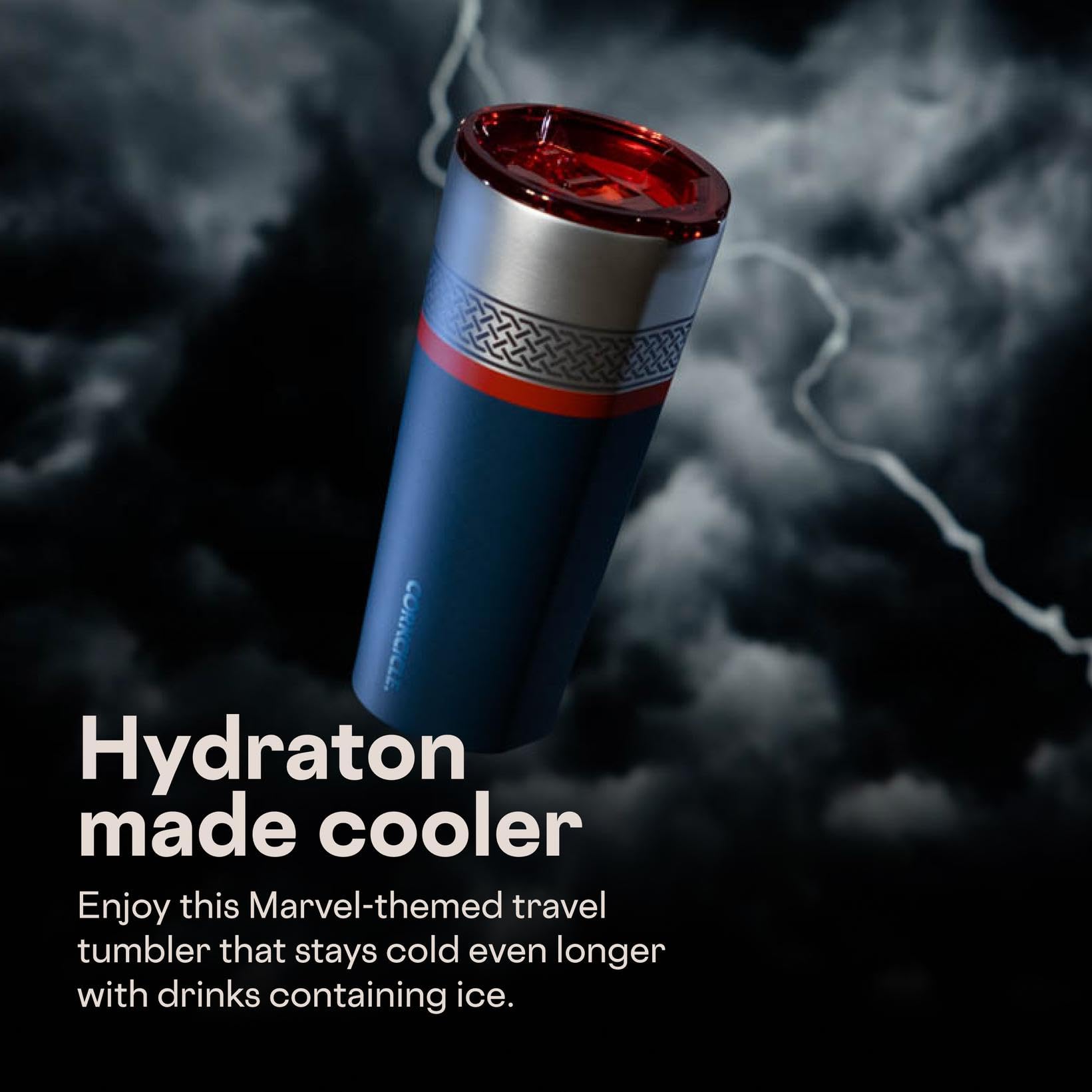 Vaso térmico Corkcicle Disney Thor: capacidad de 24 onzas para hidratación prolongada.