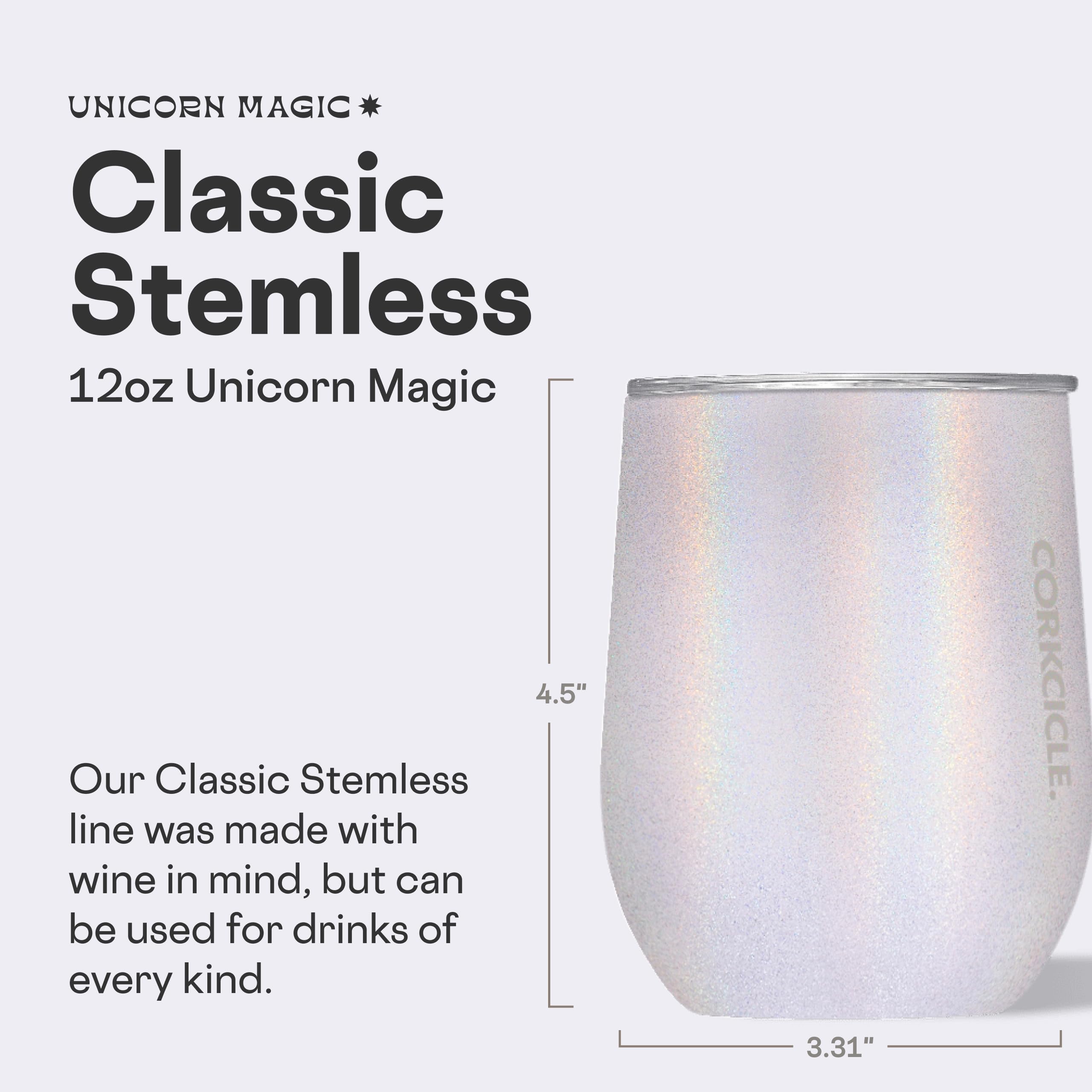 Corkcicle Magia Unicornio: tapa deslizante para evitar derrames y mantener temperatura.
