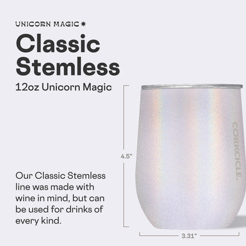 Corkcicle Magia Unicornio: tapa deslizante para evitar derrames y mantener temperatura.