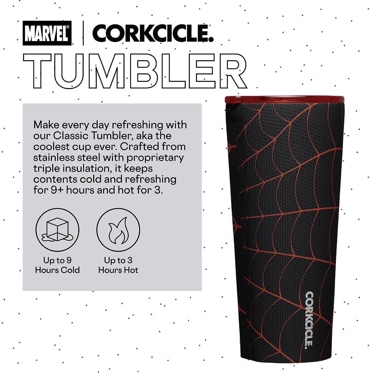 Detalle de la tapa segura de Corkcicle Marvel Tumbler, evita derrames en viajes.