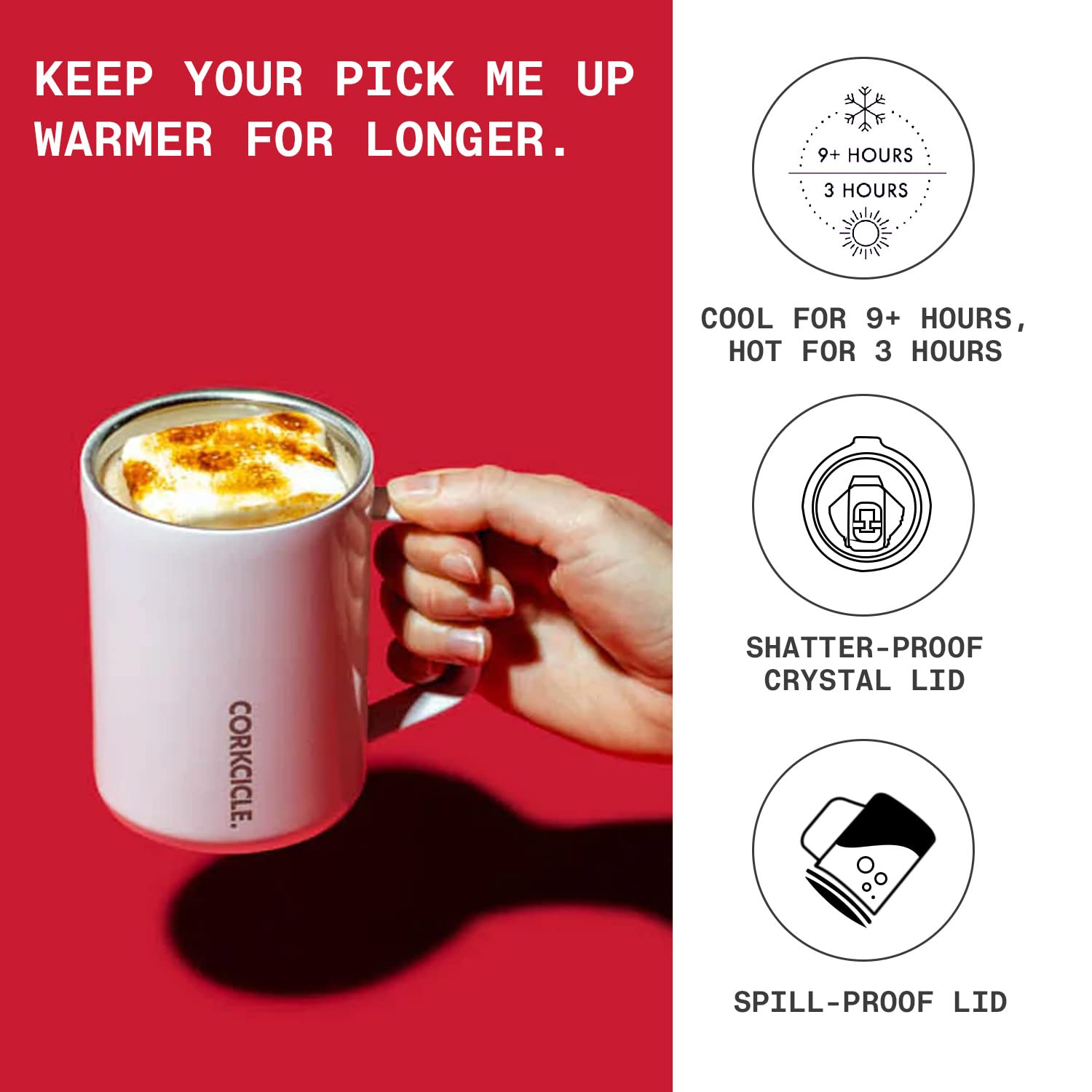 Corkcicle Origins Vaso de viaje con tapa anti-derrame para evitar derrames.