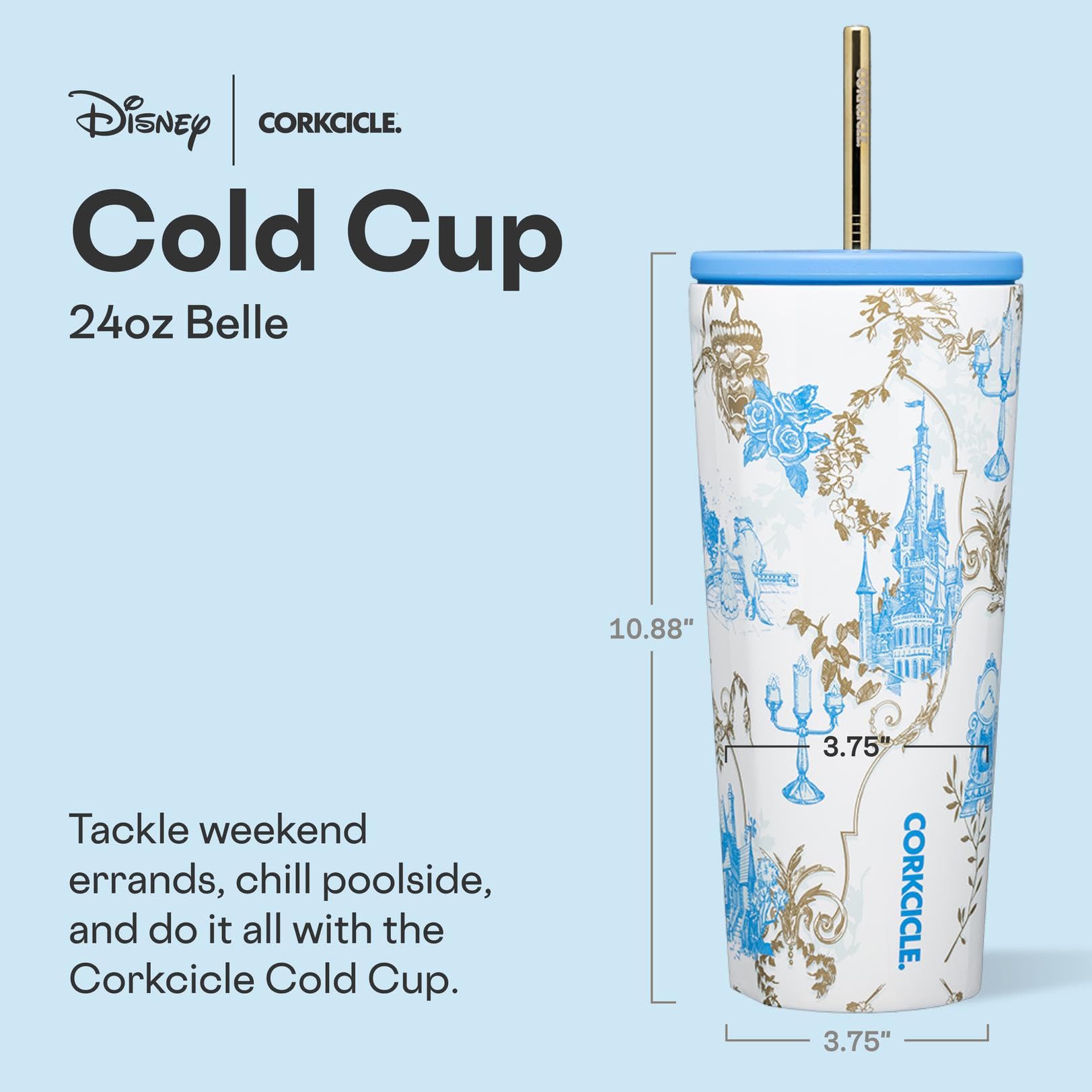 Corkcicle Princesa Disney Bella, vista lateral, estilo icónico para uso diario