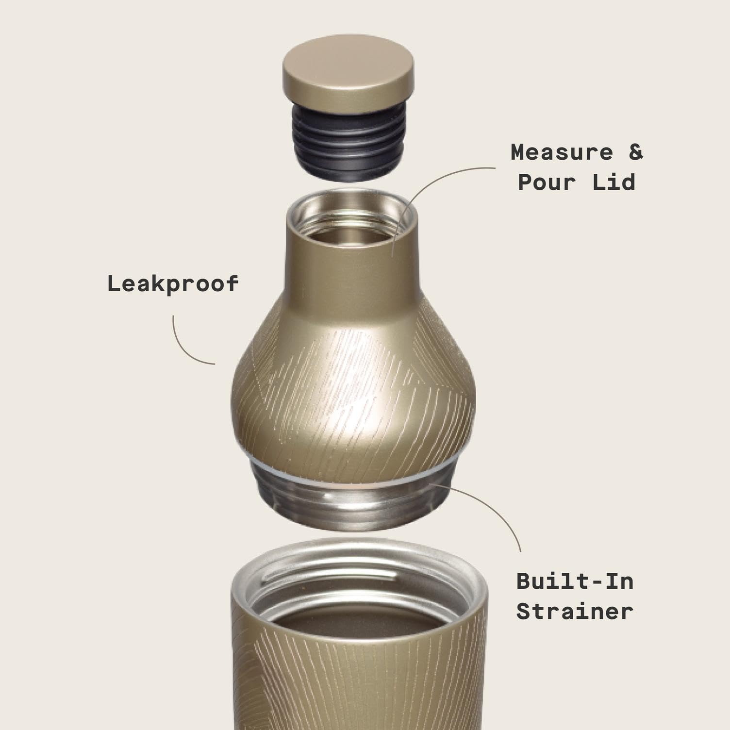 Shaker Corkcicle con diseño ergonómico y lados planos para agarre seguro.