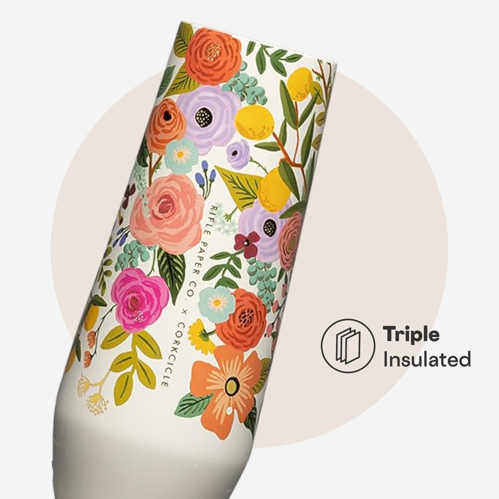 Corkcicle Stemless Flute crema jardín listo para fiestas.