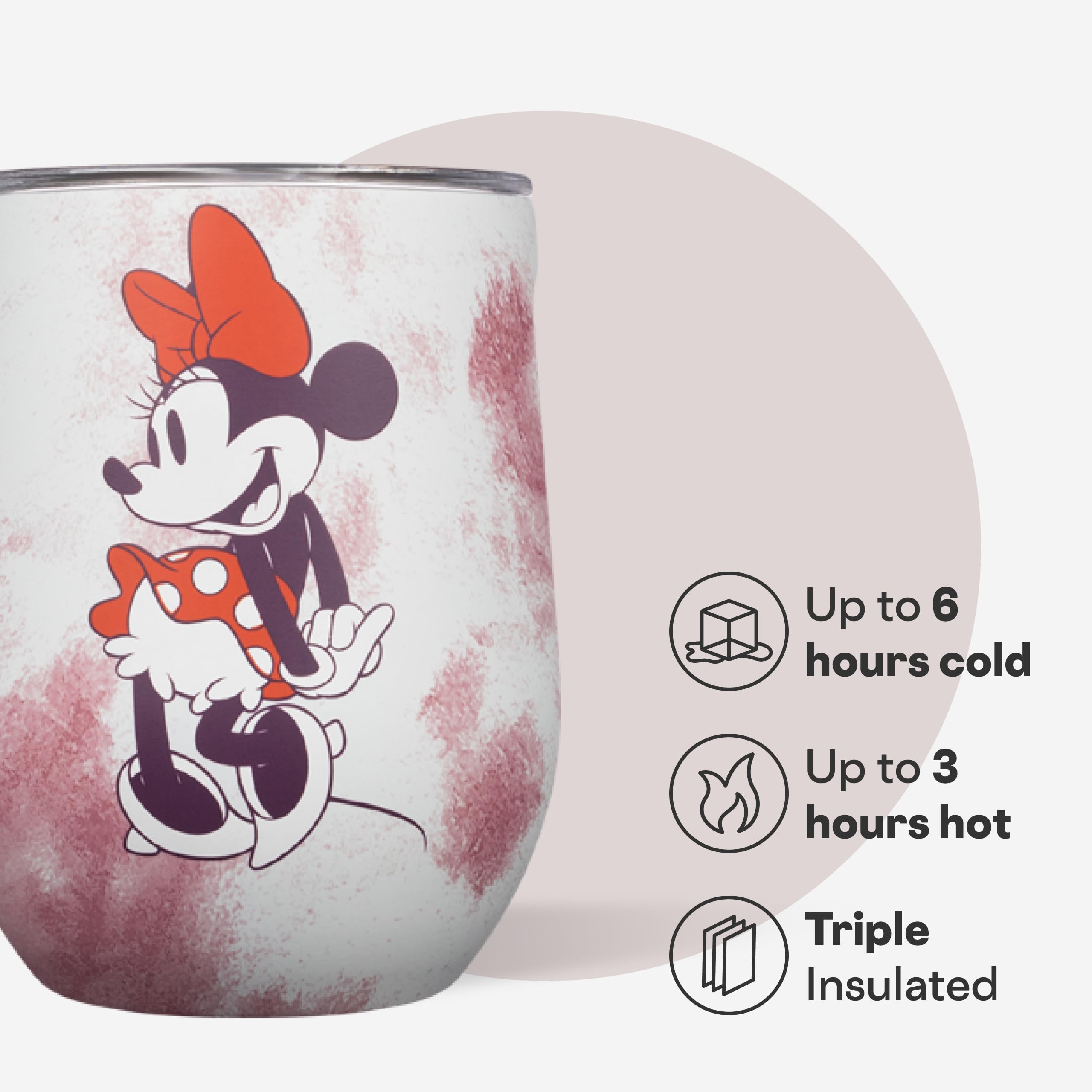 Corkcicle Stemless Minnie Mouse Tie Dye agarre destacado, diseño divertido en la mesa
