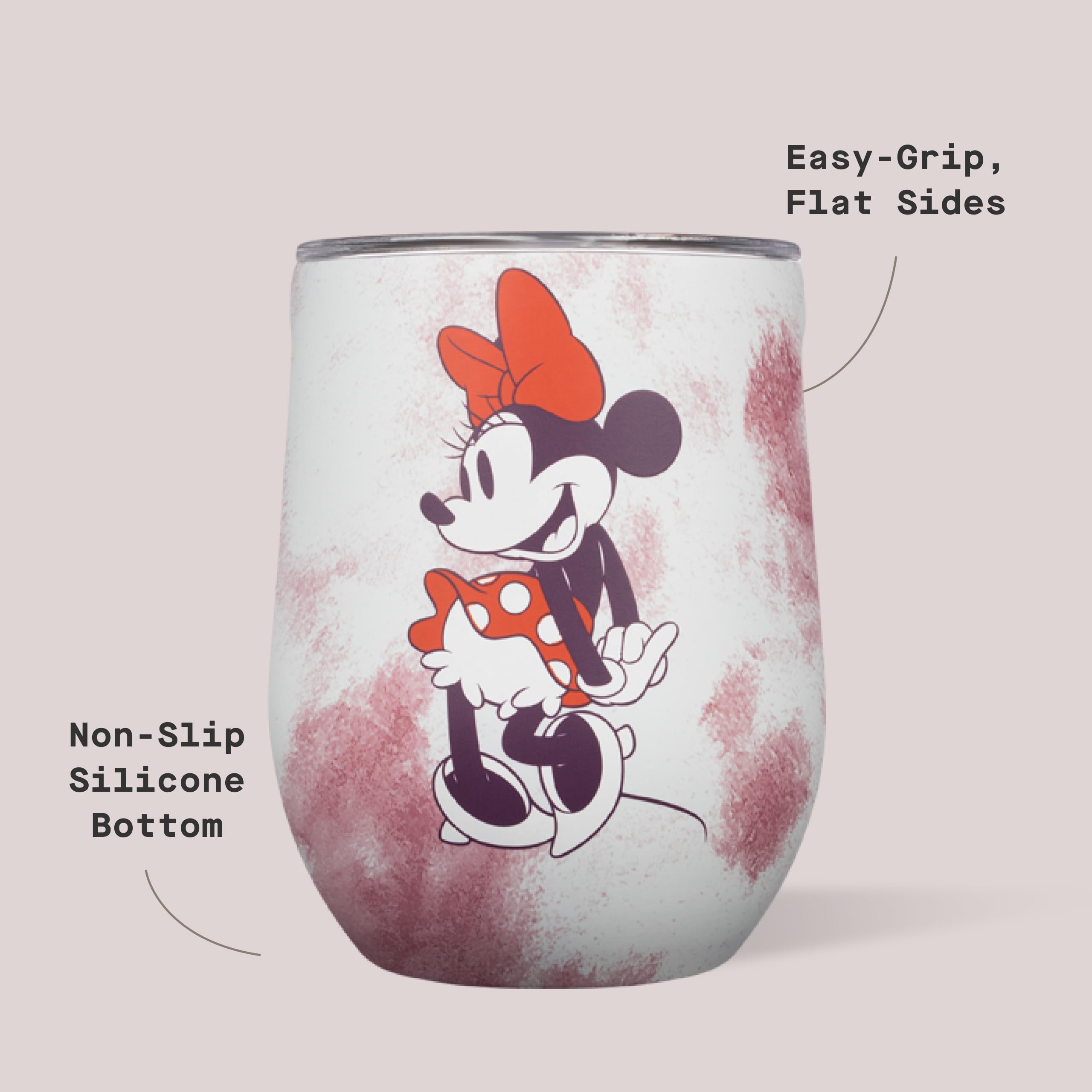 Corkcicle Stemless Minnie Mouse Tie Dye angulo lateral, perfecto para picnic