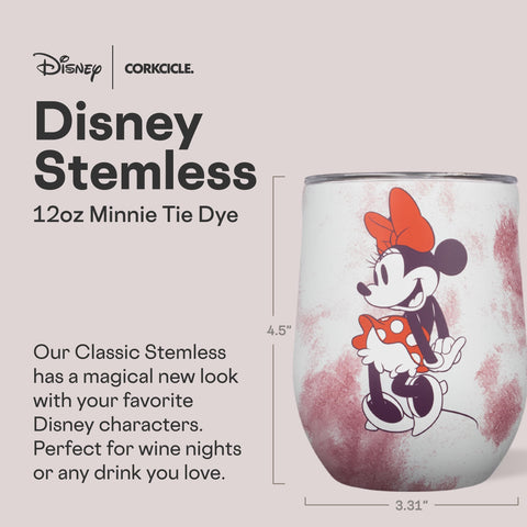 Corkcicle Stemless Minnie Mouse Tie Dye lateral, agarre cómodo para viajes