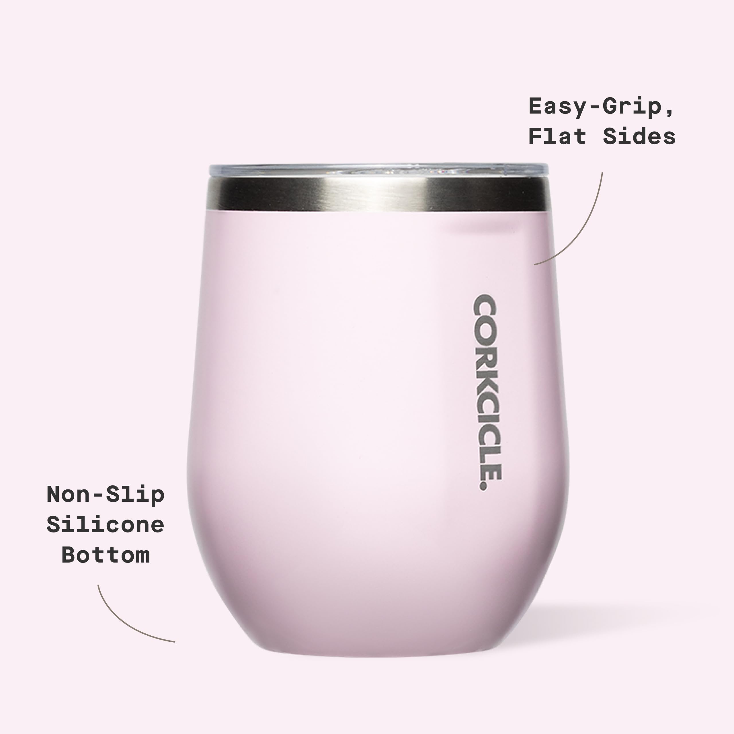 Base antideslizante de Corkcicle Stemless, estabilidad en cualquier superficie.