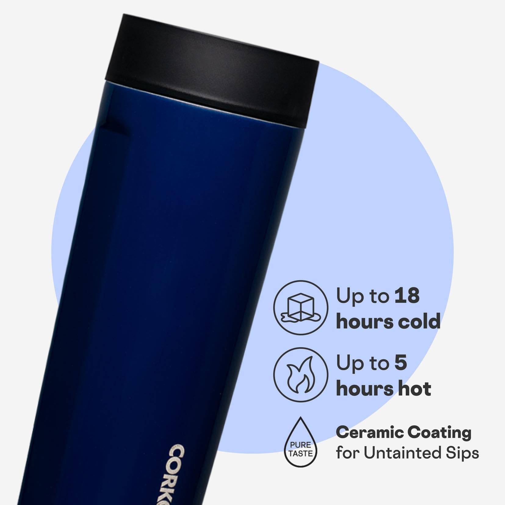 Corkcicle Commuter Cup con tapa 360° facilita beber desde cualquier ángulo.