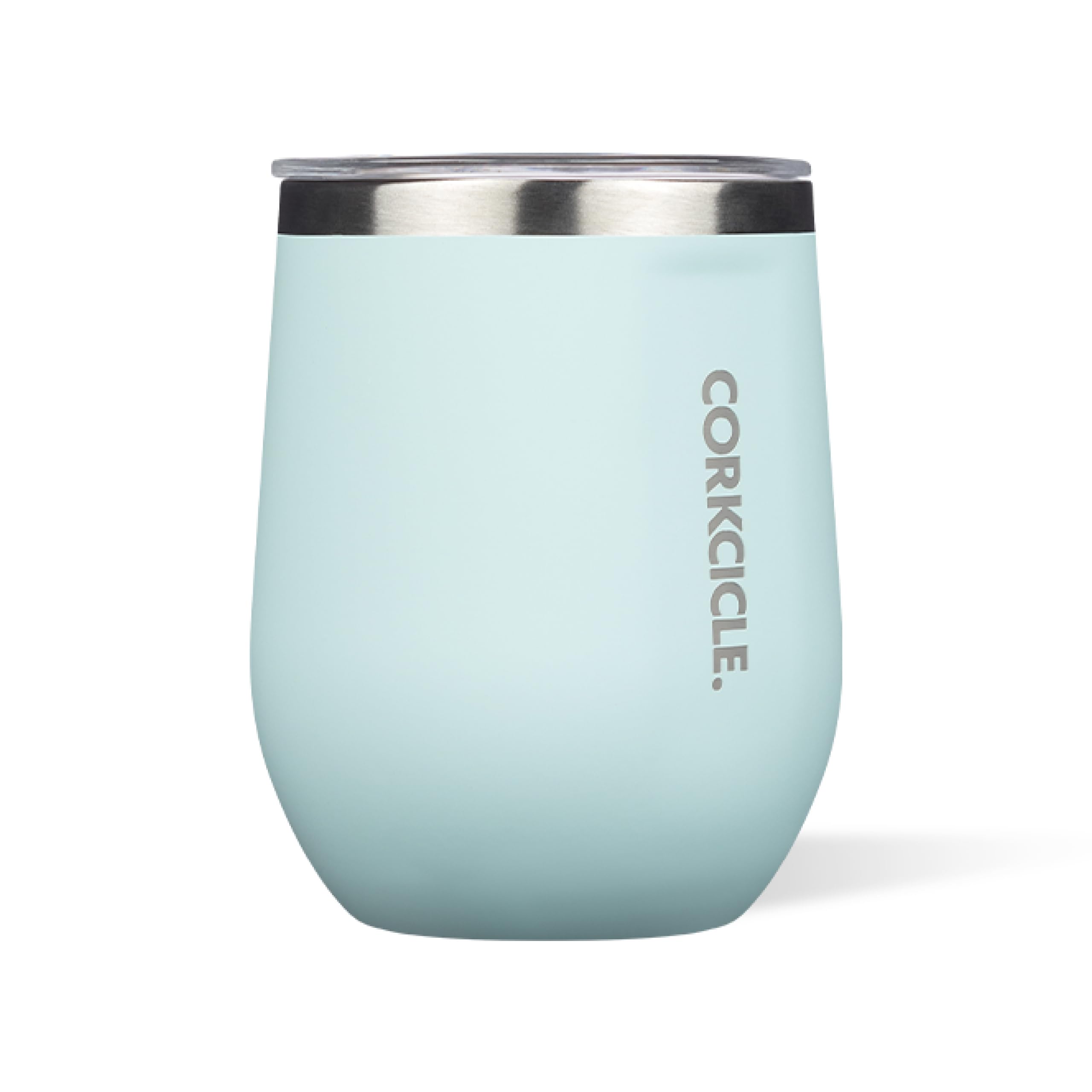 Corkcicle Stemless 12 oz frente del vaso en azul polvo, mantiene bebidas frías.