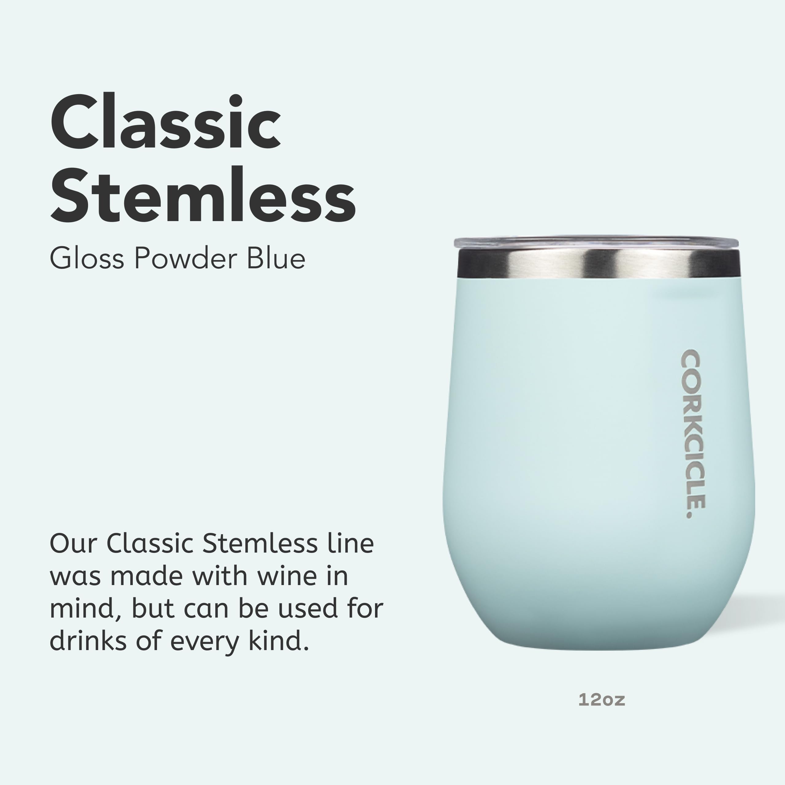 Corkcicle Stemless 12 oz tapa deslizante para evitar derrames y conservar temperatura.