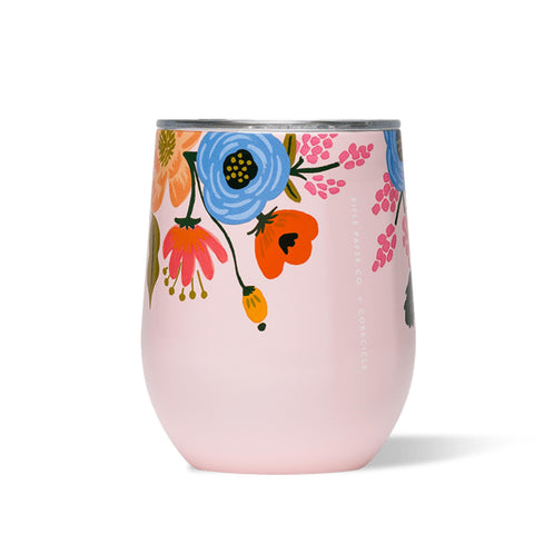 Corkcicle Vaso aislado 12oz, rosa floral, perfecto para llevar bebidas frías.