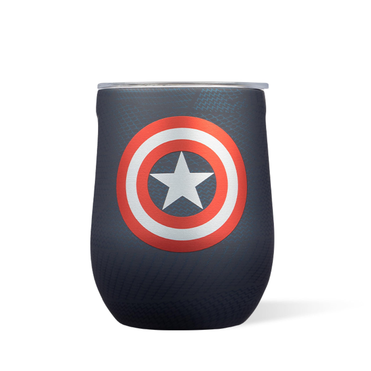 Vaso Corkcicle sin tallo Capitán América 355 ml, ideal para vino y bebidas frías.
