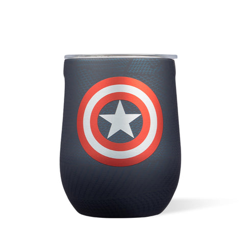 Vaso Corkcicle sin tallo Capitán América 355 ml, ideal para vino y bebidas frías.