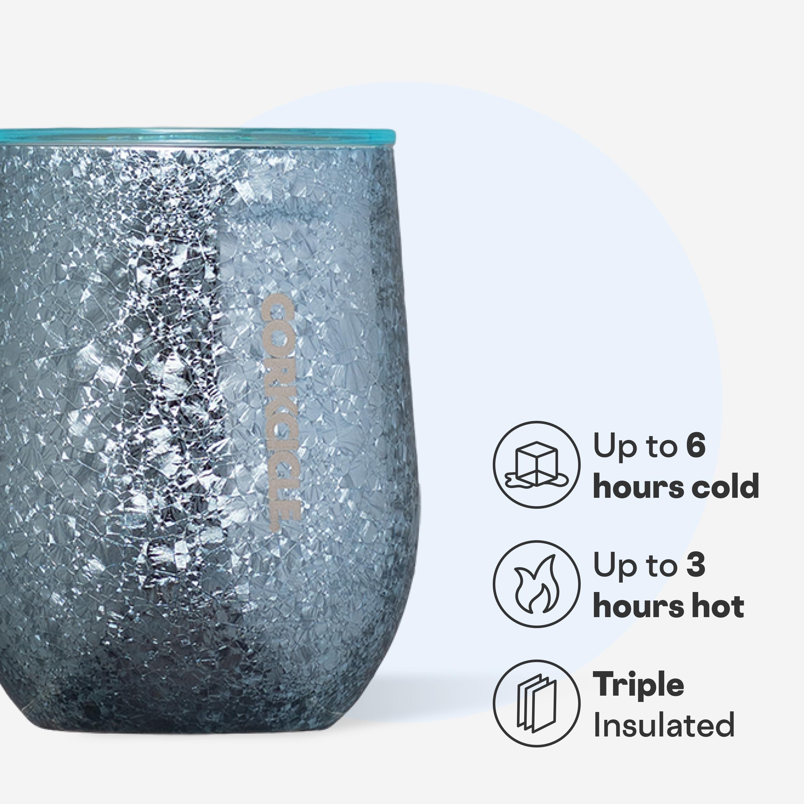 Corkcicle vaso vino sin tallo 12 oz, bordes planos para agarre cómodo.