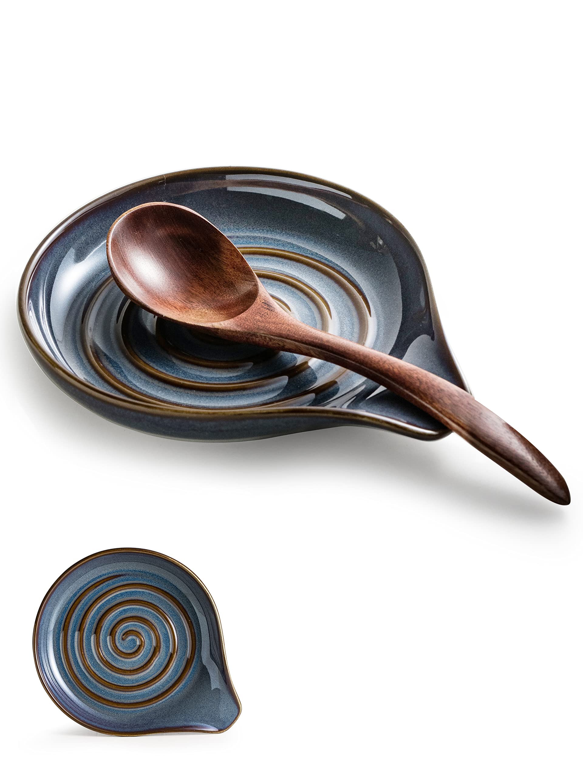 Cormomu portacucharas de cerámica en gris y azul, organizador práctico para la cocina.