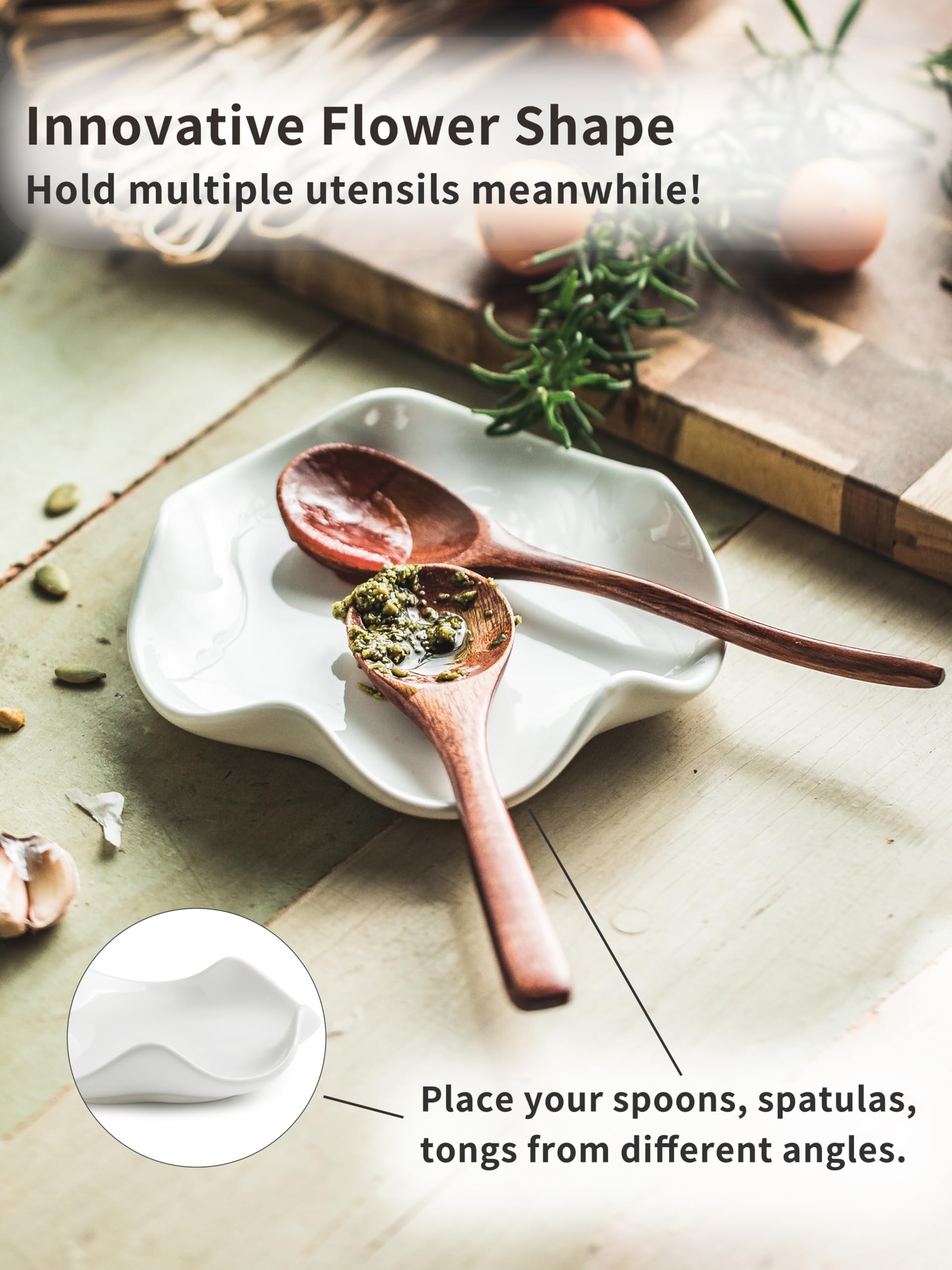 Cormomu reposa cucharas flor blanca con espátulas, uso práctico en la cocina