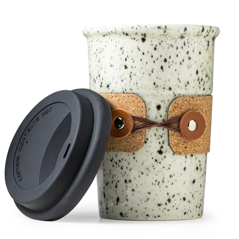 Cormomu Taza ceramica con tapa para cafe en movimiento