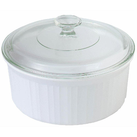 CorningWare Blanco Francés: fuente redonda con tapa de vidrio para hornear y servir.