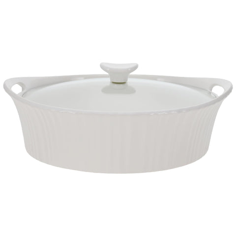 CorningWare Blanco Francés cazuela oval 2,5 cuartos con tapa, ideal para hornear y servir.