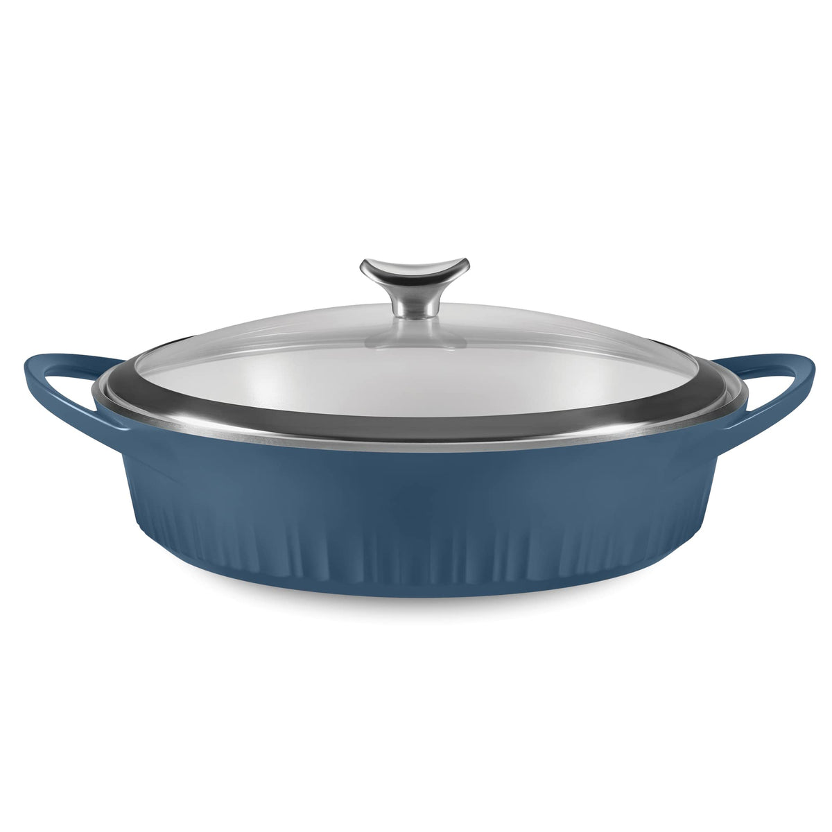 CorningWare QuickHeat braiser 4 qt con tapa para dorar carnes de forma uniforme.
