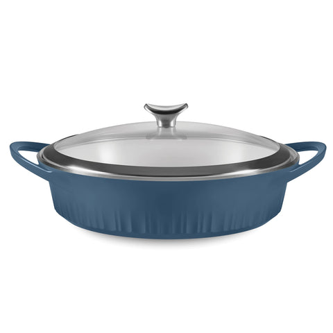 CorningWare QuickHeat braiser 4 qt con tapa para dorar carnes de forma uniforme.