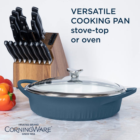 CorningWare QuickHeat interior cerámico antiadherente facilita la limpieza y evita sabores residuales.