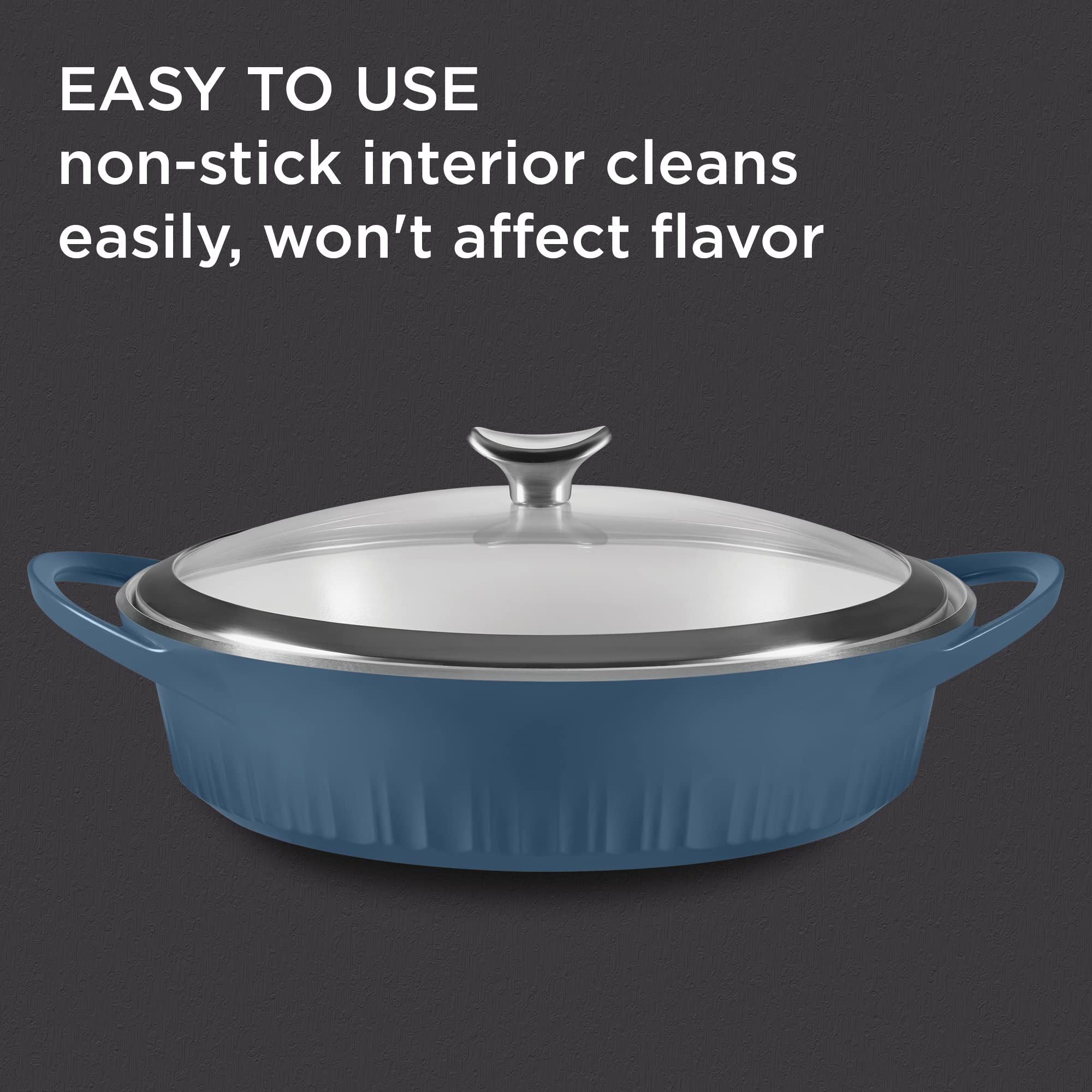 CorningWare QuickHeat sirve en mesa con acabado French Navy.