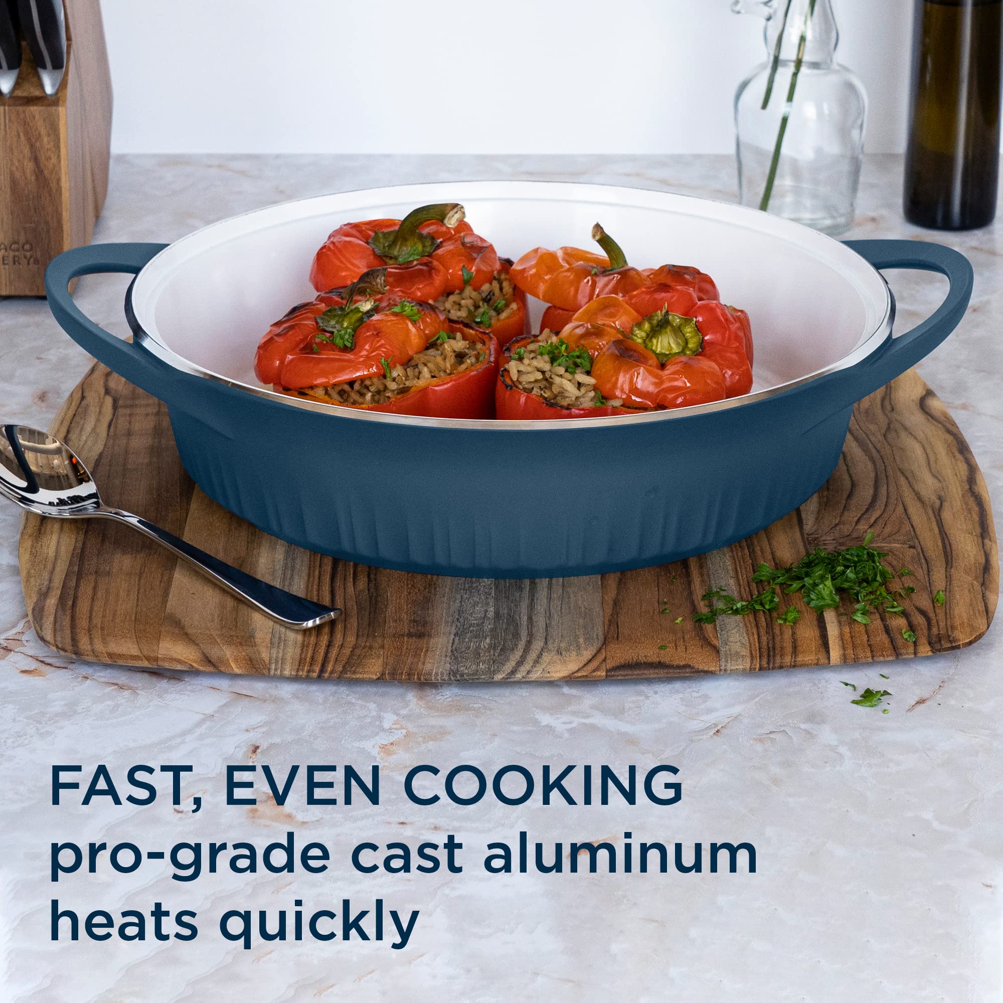 CorningWare QuickHeat uso versátil en horno y estufa para guisos y dorados.