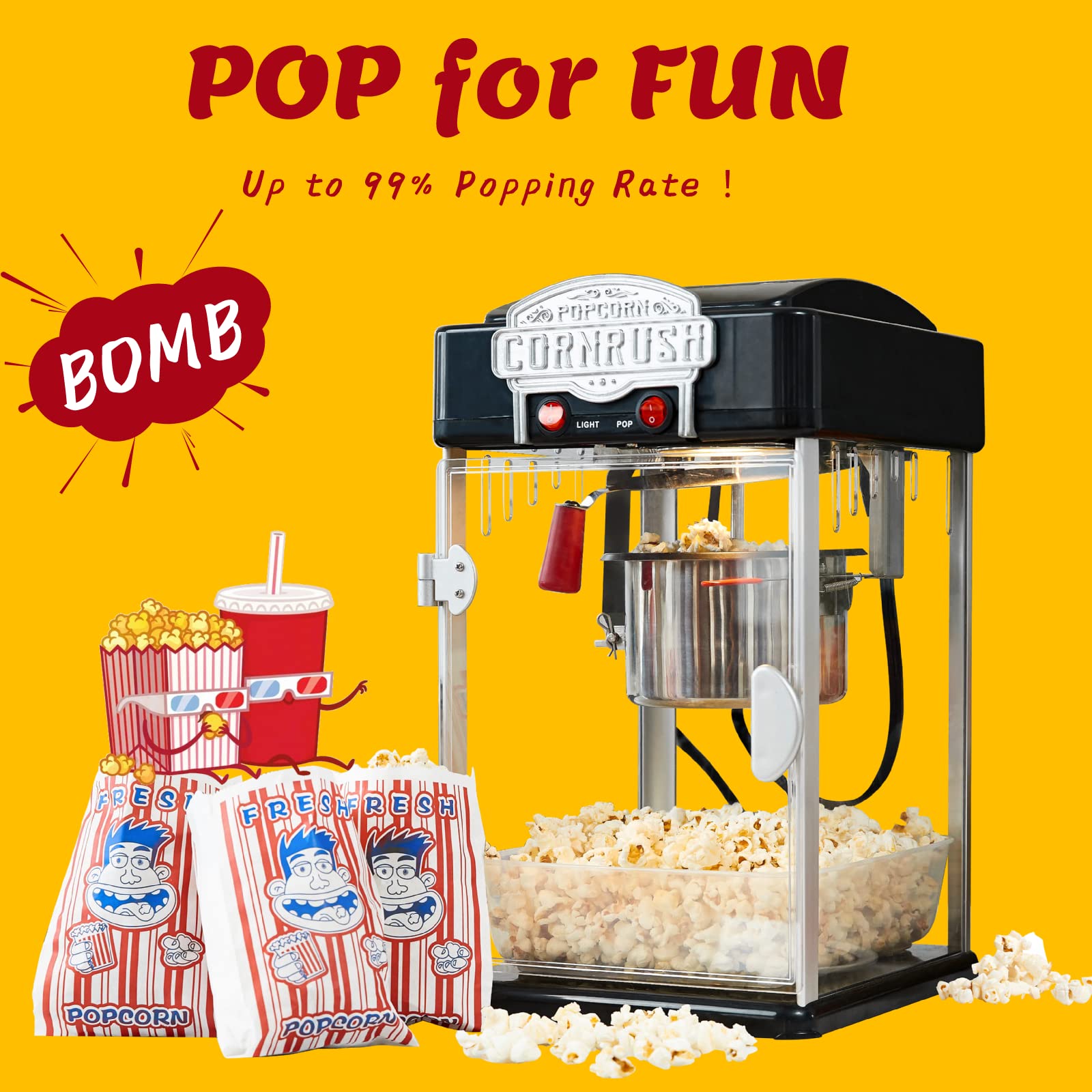 CORNRUSH Maquina palomitas 4oz, interior iluminado para ambiente de cine en casa.