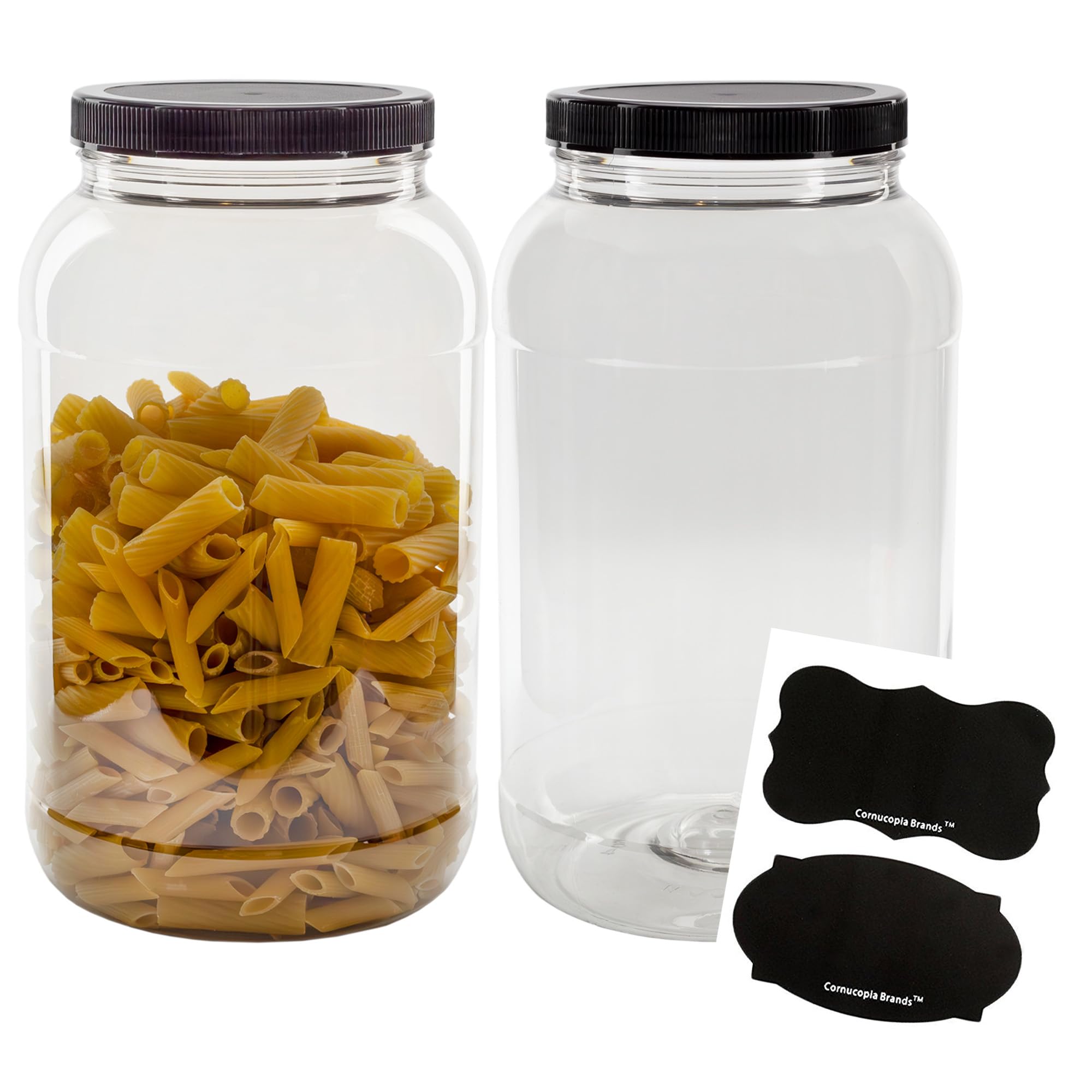 Tarro galón Cornucopia Brands transparente con tapa negra, ideal para almacenamiento grande.