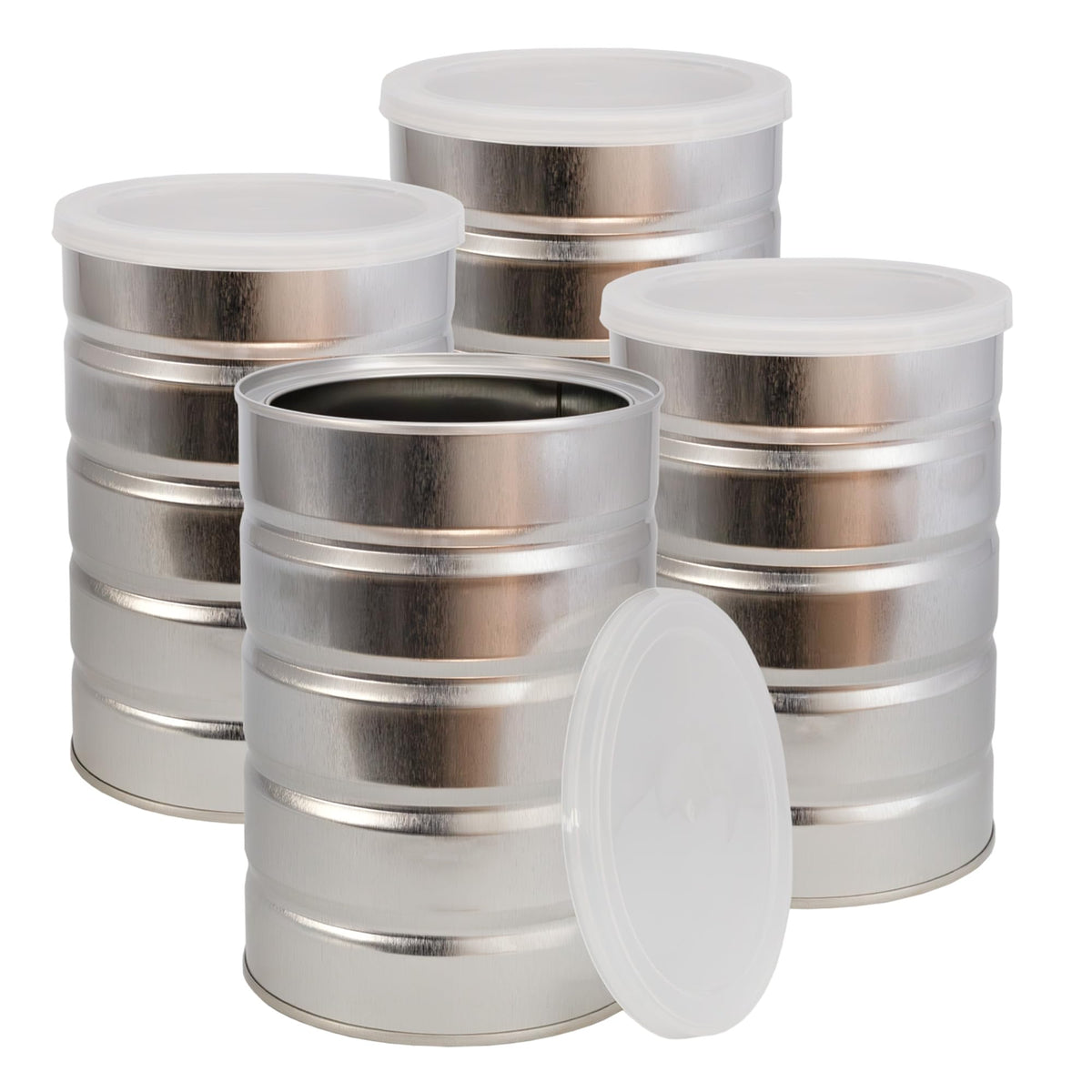 Latas de café vacías de Cornucopia Brands, perfectas para almacenamiento limpio y reutilizable.