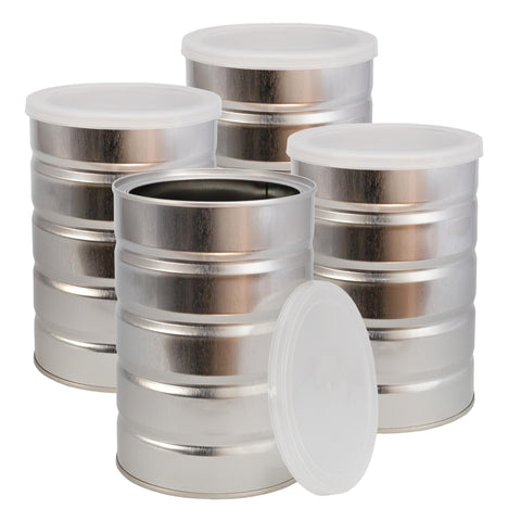 Latas de café vacías de Cornucopia Brands, perfectas para almacenamiento limpio y reutilizable.