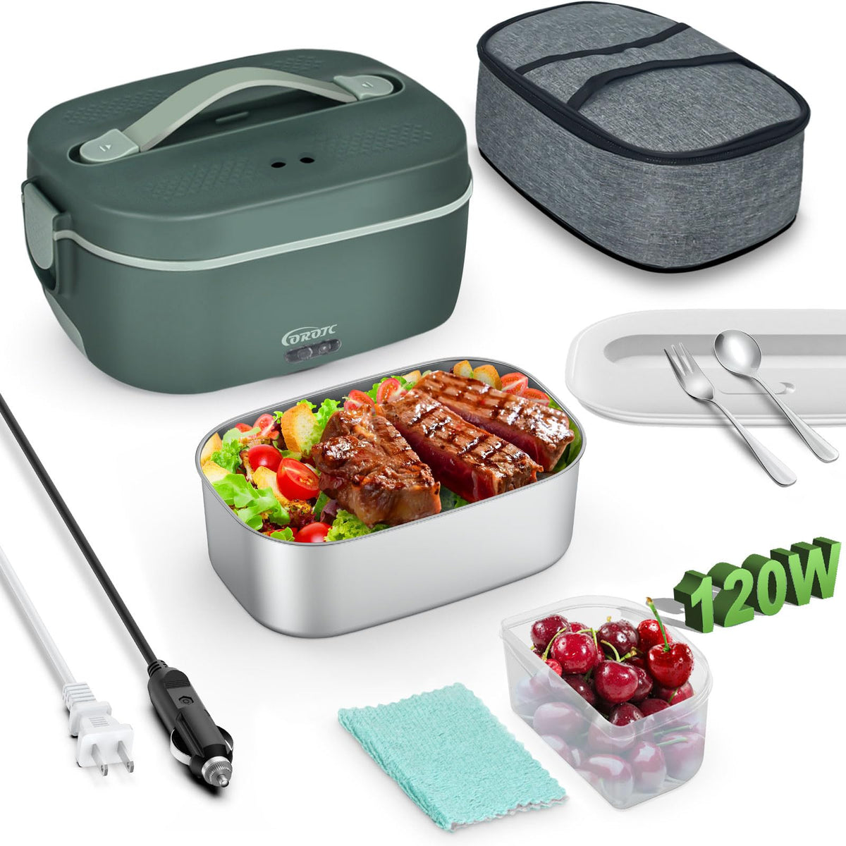 COROTC fiambrera eléctrica 120W con doble tapa para transporte seguro de comidas.