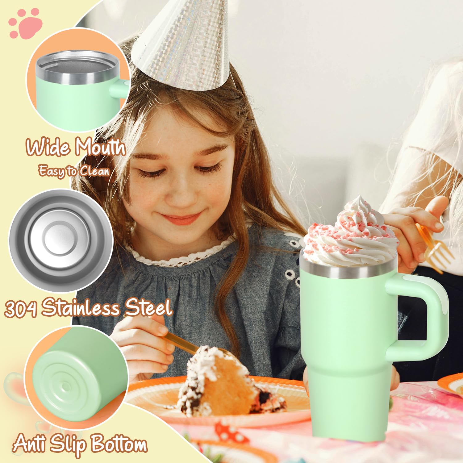 Cosictic 2-pack vasos 14oz verde con manija y pajilla, diseño cómodo para niños en casa.