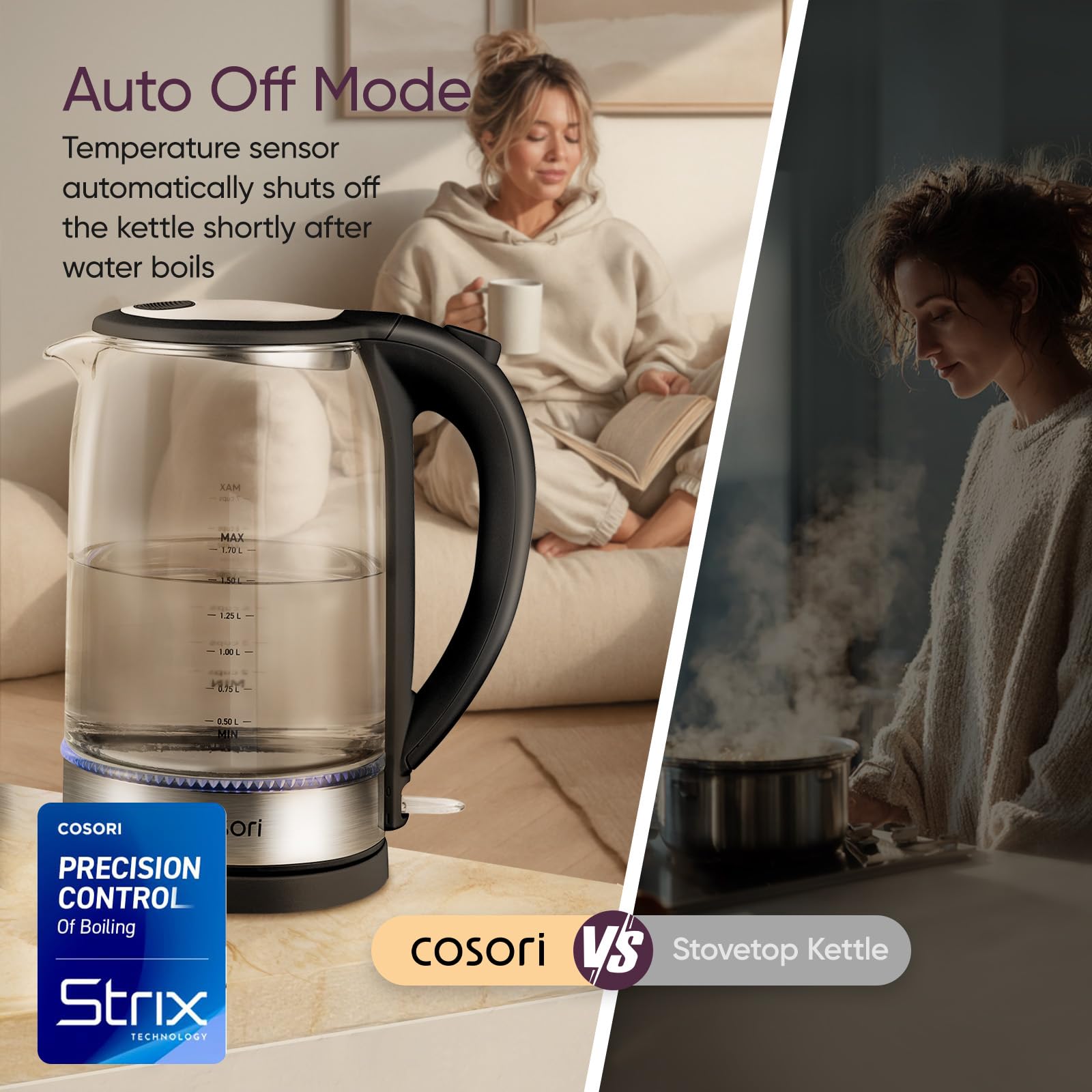 Cosori junto a objetos para comparar tamaño y capacidad 1.7 L