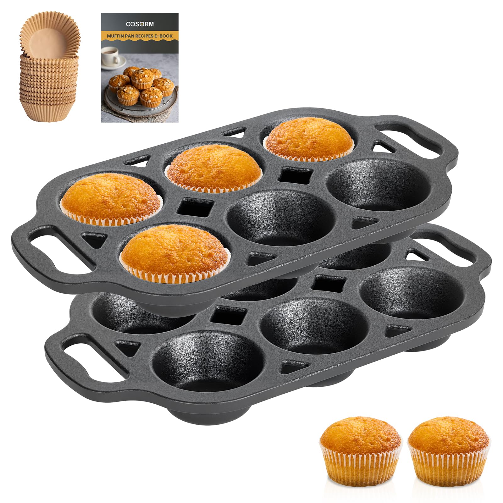 COSORM molde de muffins de hierro forjado, conjunto de 2 piezas con 6 cavidades.