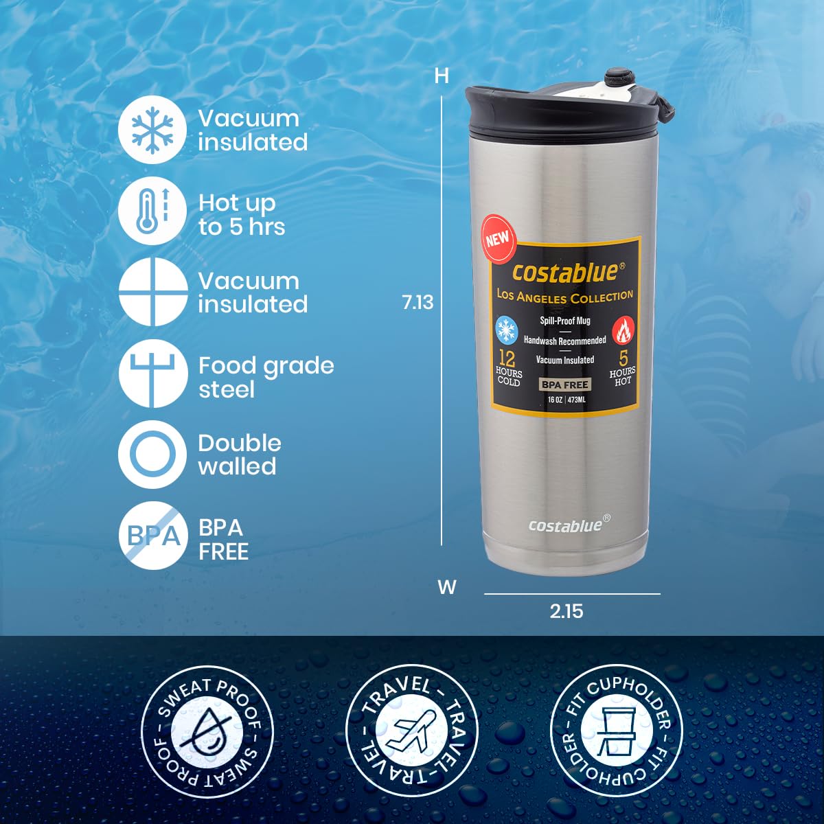 Costablue Taza duradera en acero inoxidable, resistente a golpes
