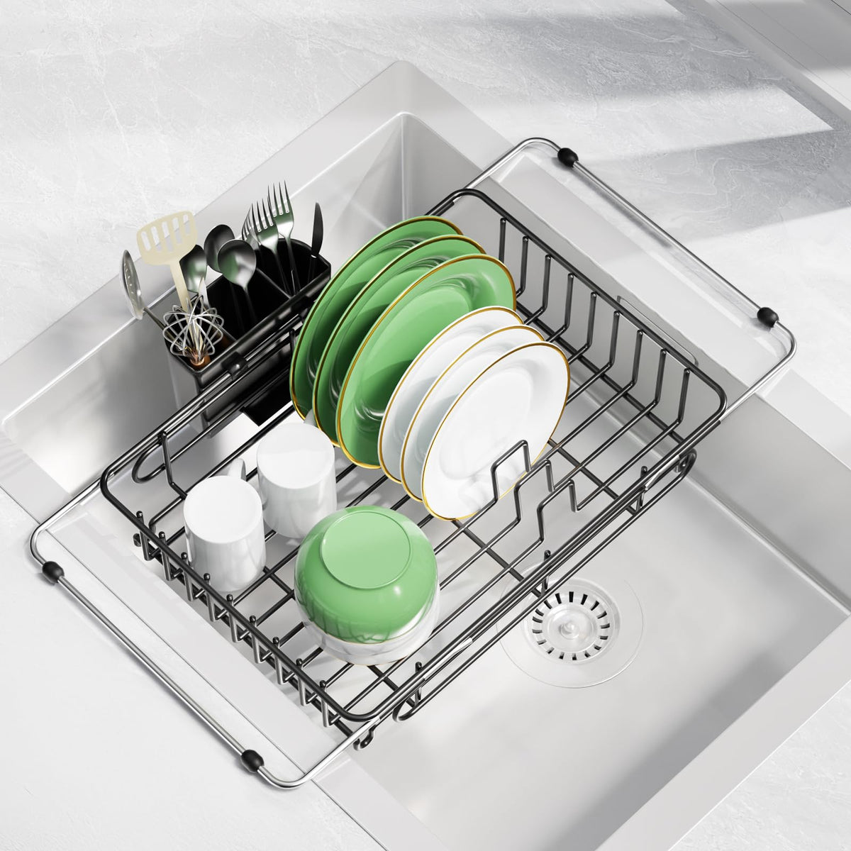CosyPic escurridor expandible en fregadero, ahorro de espacio y secado eficiente.