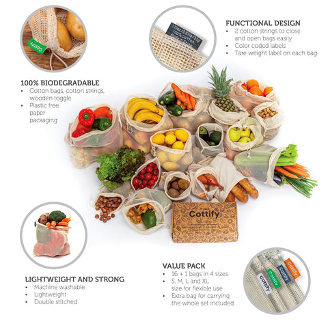 Cottify bolsa malla para frutas y verduras, reutilizable