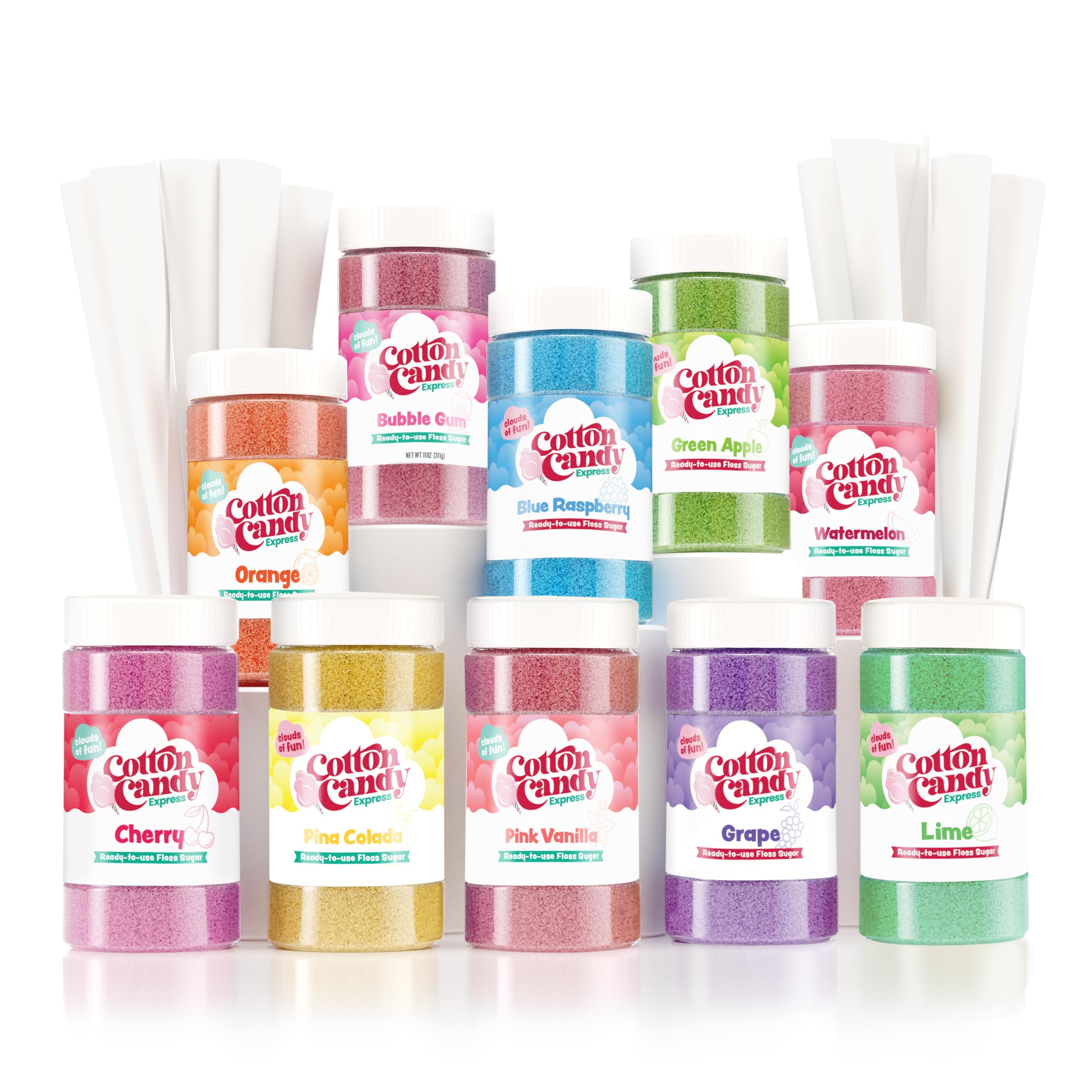 Cotton Candy Express: jarros de azúcar 11 oz con variedad para algodón de azúcar.
